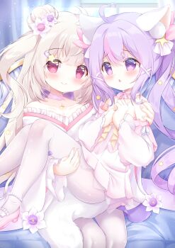 2girls ahoge animal_ear_fluff animal_ears bare_shoulders blurry blurry_background blush brown_hair carrying cat_ears cat_girl cat_tail chestnut_mouth closed_mouth commentary_request commission couch curtains day depth_of_field double_bun dress feet_out_of_frame flower frilled_kimono frills hair_bun hair_flower hair_ornament hairclip heart heart_ahoge highres indoors japanese_clothes kimono long_hair long_sleeves multicolored_hair multiple_girls on_couch original pantyhose parted_lips pink_hair pixiv_commission princess_carry purple_eyes purple_hair red_eyes renew_vivi sitting smile star_(symbol) star_hair_ornament streaked_hair tail twintails very_long_hair white_dress white_flower white_kimono white_pantyhose white_sleeves wide_sleeves window x_hair_ornament