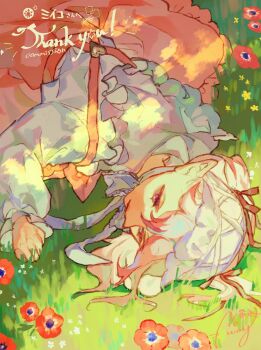 1girl bonnet commentary_request flower frilled_shirt frills grass highres long_sleeves lying on_back on_ground original pansy pink_hair pink_skirt pointy_ears red_eyes red_flower shinjitsu_no_kuchi shirt short_hair skirt solo suspender_skirt suspenders upper_body upside-down white_bonnet white_shirt