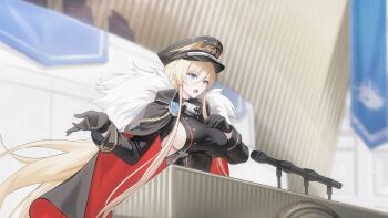 1girl azur_lane bismarck_(azur_lane) bismarck_zwei_(azur_lane) black_gloves black_hat black_thighhighs blonde_hair blue_eyes breasts coat dress fur_trim game_cg gloves hat highres microphone non-web_source podium solo thighhighs