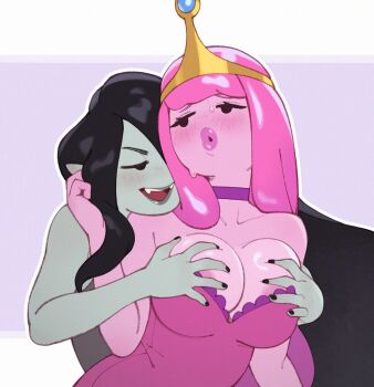 2girls adventure_time areola_slip black_nails blush breasts colored_skin dress fangs grabbing_another's_breast grey_skin groping highres large_breasts long_hair marceline_abadeer multiple_girls nail_polish open_mouth pink_hair pink_skin pointy_ears princess_bonnibel_bubblegum riz smile sweat upper_body vampire very_long_hair yuri
