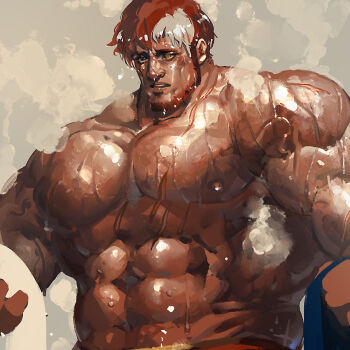 1boy abs alternate_pectoral_size bara beard commission dark-skinned_male dark_skin facial_hair full_beard gorimoire hair_down headband highres huge_pectorals indie_virtual_youtuber looking_ahead male_focus mature_male multicolored_hair muscular muscular_male navel nipples nude red_hair ryuugen_drake scar scar_across_eye scar_on_face short_hair skeb_commission solo steaming_body streaked_hair strongman_waist sweat tsurime upper_body very_sweaty virtual_youtuber white_hair