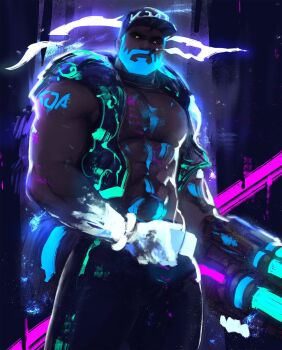 1boy abs alternate_costume arm_tattoo bara beard belt black_pants bracelet chest_hair cigar collarbone cowboy_shot dopey_(dopq) facial_hair glowing graves graves_(league_of_legends) grey_background gun hat highres holding holding_gun holding_weapon jacket jewelry k/da_(league_of_legends) league_of_legends looking_at_viewer muscular muscular_male open_clothes open_jacket pants short_hair sleeveless sleeveless_jacket smoke solo tattoo ultraviolet_light weapon