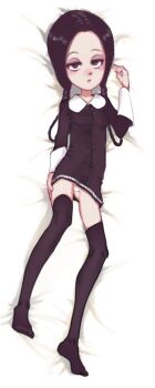 1girl the_addams_family bar_censor bed black_dress black_eyes black_hair black_theme black_thighhighs blush braid censored collarbone conoghi dress flat_chest goth_fashion hair_rings loli long_hair long_sleeves looking_at_viewer lying no_panties on_bed open_mouth pale_skin pussy thighhighs twin_braids upskirt wednesday_addams