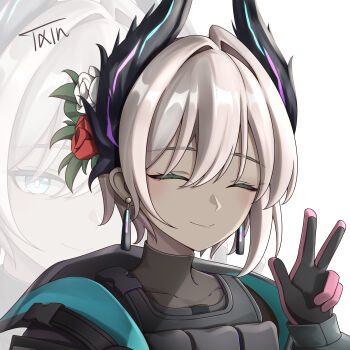 1girl ^_^ absurdres arknights black_gloves black_jacket blue_eyes closed_eyes closed_mouth commentary earrings facing_viewer flower gloves grey_hair hair_between_eyes hair_flower hair_intakes hair_ornament hand_up highres horns jacket jewelry looking_at_viewer multiple_views pink_gloves portrait raidian_(arknights) red_flower short_hair signature simple_background smile txin_xin v white_background white_flower zoom_layer