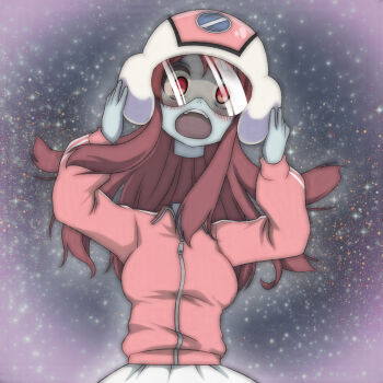 1girl blush breasts brown_hair disembodied_head grey_skirt helmet highres holding_own_head jacket large_breasts long_hair long_sleeves looking_at_viewer minamoto_sakura open_mouth pink_helmet pink_jacket red_eyes severed_head skirt sky space standing star_(sky) starry_sky superhero_costume surprised t_jiroo_(ringofriend) teeth track_jacket track_suit upper_body white_skirt zombie zombie_land_saga