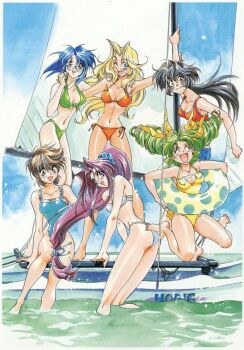 1990s_(style) 6+girls barefoot bikini black_hair blonde_hair blue_eyes blue_hair blue_one-piece_swimsuit boat brown_eyes brown_hair closed_eyes clothes_writing clothing_cutout day drill_hair green_bikini green_hair heart_cutout high_ponytail holding holding_swim_ring innertube inuzuka_saori ishibashi_misako jumping long_hair looking_at_viewer low_ponytail multiple_girls nishikawa_maki non-web_source official_art one-piece_swimsuit open_mouth orange_bikini outdoors ponytail purple_hair retro_artstyle rimless_eyewear round_eyewear sail shimura_mami short_hair sitting smile soaking_feet sotsugyou sotsugyou_crossworld swim_ring swimsuit takei_masaki twin_drills very_long_hair water watercraft white_bikini yellow_one-piece_swimsuit yokoyama_megumi