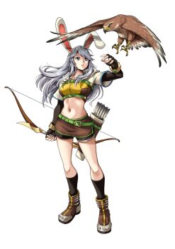1girl animal_ears arrow_(projectile) bird black_gloves black_shorts black_socks blue_eyes boots bow_(weapon) breasts brown_boots brown_shirt brown_skirt commentary crop_top cropped_jacket elbow_gloves english_commentary expressionless fake_animal_ears falcon fingerless_gloves full_body gloves grey_hair highres holding holding_bow_(weapon) holding_weapon hunter_(ragnarok_online) jacket large_breasts midriff miniskirt navel quiver rabbit_ears ragnarok_online shirt shoes short_shorts short_sleeves shorts shorts_under_skirt simple_background skirt socks solo sutemeto weapon white_background white_jacket