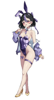 1girl absurdres alternate_costume animal_ears bare_legs black_hair blush breasts covered_navel curvy detached_collar fake_animal_ears fake_tail full_body goddess_of_victory:_nikke high_heels highleg highleg_leotard highres jacket leg_tattoo leotard looking_at_viewer mole mole_under_eye multicolored_hair necktie open_clothes open_jacket playboy_bunny purple_eyes purple_hair purple_jacket purple_leotard purple_necktie rabbit_tail shiny_skin short_hair short_necktie skindentation small_breasts small_chair_(xiaosaiyi33818) solo strapless strapless_leotard streaked_hair syuen_(nikke) tail tattoo thigh_strap thong_leotard white_background wide_hips