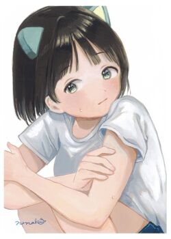 Rule 34 | 1girl, animal ears, arms on knees, black hair, bob cut, border, closed mouth, commentary request, crossed arms, green eyes, knees up, looking to the side, nena labo, original, parted bangs, shirt, short hair, short sleeves, sideways glance, signature, simple background, sitting, solo, sweat, t-shirt, traditional media, turning head, white background, white border, white shirt