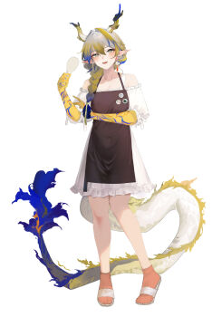 Rule 34 | 1girl, :d, absurdres, alternate costume, apron, arknights, bare shoulders, blonde hair, blue hair, blush, breasts, brown apron, chinese commentary, cleavage, collarbone, colored extremities, commentary request, dragon bean (arknights), dragon girl, dragon horns, dragon tail, dress, dusk (arknights), earrings, eyeliner, frilled dress, frilled sleeves, frills, full body, green eyes, grey hair, hair between eyes, hair over shoulder, highres, holding, horns, jewelry, ling (arknights), long hair, looking at viewer, makeup, medium breasts, nian (arknights), off shoulder, open mouth, orange eyeliner, orange socks, partial commentary, pin, pointy ears, sandals, shamoji, short dress, shu (arknights), simple background, smile, socks, solo, standing, sweatdrop, tail, white background, white dress, white sandals, xiaobei