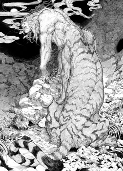 1boy bakushi_(smys2017) bone centauroid commentary_request dead_animal greyscale highres male_focus monochrome monster no_humans original pen_(medium) smoke taur traditional_media