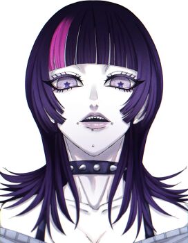 1boy androgynous crossdressing crossdressing_(mtf) expressionless eyelashes face_piercing highres hoshi_kirara jujutsu_kaisen lips looking_at_viewer mouth_piercing multicolored_hair navel open_mouth parted_lips piercing sharp_teeth solo split-color_hair star-shaped_pupils star_(symbol) symbol-shaped_pupils teeth trap uodakeiiii upper_body white_background