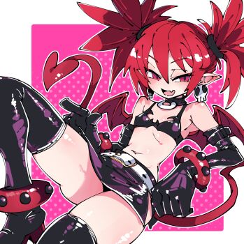 1girl absurdres bare_shoulders belt black_gloves black_skirt blush boots choker clothes_lift commentary demon_girl demon_tail demon_wings disgaea earrings elenagr etna_(disgaea) fang flat_chest gloves groin highres jewelry lifting_own_clothes long_hair looking_at_viewer lying makai_senki_disgaea mini_wings miniskirt navel o-ring o-ring_choker o-ring_collar on_back pointy_ears red_eyes red_hair red_tail red_wings side_slit skin_fang skirt skirt_lift skull_earrings solo tail thick_thighs thigh_boots thighhighs thighs twintails white_belt wings wristband