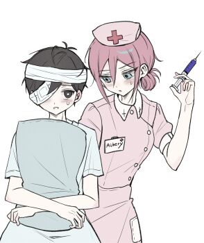 1boy 1girl alternate_costume alternate_hairstyle antenna_hair aubrey_(faraway)_(omori) aubrey_(omori) bandaged_head bandages black_eyes black_hair blue_eyes blush character_name commentary_request double-parted_bangs eyepatch hair_between_eyes hat highres holding holding_syringe hospital_gown korean_commentary medical_eyepatch name_tag nurse nurse_cap omori parted_lips pink_hair short_hair short_sleeves sidelocks simple_background sketch spoilers sunny_(hospital_gown)_(omori) sunny_(omori) sweatdrop syringe typo white_background wktdms1