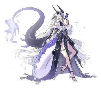 1girl absurdres arknights black_horns black_tail bracelet chinese_commentary commentary_request fire flame-tipped_tail full_body grey_fire hair_over_one_eye highres holding holding_swim_ring horns innertube jewelry light_smile long_hair looking_at_viewer necrass_(arknights) one_eye_covered ppxdq purple_fire purple_tail sandals simple_background solo standing swim_ring tail tassel thigh_strap train_(clothing) very_long_hair white_background white_eyes white_hair white_sandals
