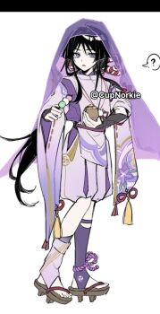 1boy ? adapted_costume ahoge alternate_hair_length alternate_hairstyle alternate_universe armor asymmetrical_legwear black_border blunt_ends border box bridal_gauntlets bridal_legwear bright_pupils brown_sandals clothing_cutout cnorkie dango feathers floral_print floral_print_kimono food full_body genshin_impact geta grey_bridal_gauntlets highres hip_vent holding holding_box holding_food japanese_armor japanese_clothes kariginu kimono kote kurokote layered_sleeves leg_warmers long_hair looking_at_viewer low_ponytail male_focus mismatched_legwear mitsudomoe_(shape) parted_lips pom_pom_(clothes) ponytail print_kimono purple_eyes purple_kimono purple_leg_warmers purple_sleeves purple_veil red_rope ribbon-trimmed_sleeves ribbon_trim rope sandals sanshoku_dango scaramouche_(genshin_impact) scaramouche_(kabukimono)_(genshin_impact) shimenawa short_sleeves side_cutout sidelocks solo spoken_question_mark stirrup_legwear takoyaki takoyaki_pan tassel toeless_legwear toes tomoe_(symbol) tsurime veil wagashi white_mouth white_pupils white_rope wide_sleeves wispy_bangs yellow_feathers