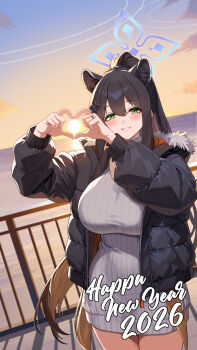 1girl animal_ear_fluff black_jacket blue_archive blue_halo blush breasts commentary dress extra_ears fur_trim green_eyes grey_sweater halo heart heart_hands highres jacket jamgom large_breasts long_hair mixed-language_commentary open_clothes open_jacket parted_lips ponytail shun_(blue_archive) shuriken_hair_ornament smile solo sunrise sweater sweater_dress turtleneck turtleneck_sweater