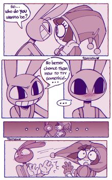 ... 1boy 1girl black_eyes blush closed_mouth commentary embarrassed english_commentary english_text hand_on_another's_shoulder hat highres jax_(the_amazing_digital_circus) jester_cap jester_costume limited_palette looking_at_another multiple_views pomni_(the_amazing_digital_circus) portrait purple_background purple_theme smile speech_bubble tamak0 teeth the_amazing_digital_circus