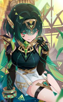 1girl absurdres ancient_egyptian_clothes black_gloves bracelet breasts claw_ring commentary_request ear_covers elbow_gloves eyes_visible_through_hair facial_mark gem genshin_impact gloves green_eyes green_gem green_hair hair_between_eyes hairband hand_rest headgear highres jewelry large_breasts looking_at_viewer m-1ng mole mole_under_eye nefer_(genshin_impact) short_hair sitting solo thigh_strap tongue tongue_out