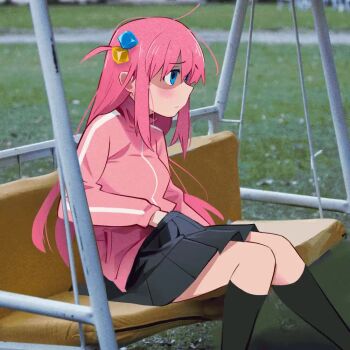 1girl animated black_skirt black_socks blurry blurry_foreground blush bocchi_the_rock! breasts brown_shoes chair clothes_pull cube_hair_ornament dripping exhibitionism from_side gotoh_hitori hair_between_eyes hair_ornament hand_under_clothes hand_under_skirt implied_masturbation indoors jacket khyle. loafers long_hair long_sleeves looking_ahead looping_animation medium_breasts meme narcos on_chair pablo_escobar_waiting_(meme) pants pants_pull photo_background pink_hair pink_jacket pleated_skirt public_indecency shoes sitting skirt socks standing sweat tagme track_jacket track_suit video