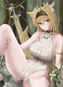 1girl absurdres animal_ears arknights armlet bare_arms bare_shoulders black_hairband blonde_hair blue_eyes braid breasts commentary french_braid grey_one-piece_swimsuit hairband highres horn_(arknights) horn_(to_effloresce_whitely)_(arknights) jewelry knee_up large_breasts long_hair mildt official_alternate_costume one-piece_swimsuit sitting solo swimsuit tail thighs wolf_ears wolf_tail