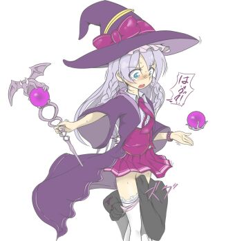 1girl blush bracelet braid censored character_request fingering hat jewelry long_hair mosaic_censoring mudadamuda necktie open_mouth panties panty_pull pulling_another's_clothes purple_hat purple_robe robe skirt speech_bubble staff surprised thighhighs underwear white_background witch_hat