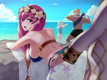 2boys 2girls :d absurdres arched_back arms_up back bare_arms bare_shoulders beach bent_over bikini black_shorts blade_ride blue_bikini blue_eyes blue_one-piece_swimsuit blue_sky blunt_bangs breasts clothed_sex cloud cowboy_shot dark-skinned_male dark_skin day earrings fire_emblem fire_emblem_heroes flower flower_necklace flower_wreath gunnthra_(fire_emblem) gunnthra_(summer)_(fire_emblem) hair_between_eyes hair_flower hair_ornament hanging_breasts helbindi_(fire_emblem) helbindi_(summer)_(fire_emblem) highres horizon implied_sex jacket jewelry kiran_(fire_emblem) large_breasts legs_apart light_blush long_hair long_sleeves looking_at_viewer looking_back male_kiran_(fire_emblem) multicolored_hair multiple_boys multiple_girls muscular muscular_male necklace nintendo ocean one-piece_swimsuit open_mouth orange_hair outdoors pink_hair sarong sex sex_from_behind short_hair shorts sky smile standing star_(symbol) star_print stealth_sex strap_gap swimsuit torso_grab towel twitter_username very_short_hair water white_hair white_jacket white_sarong ylgr_(fire_emblem) ylgr_(summer)_(fire_emblem)