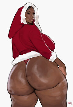 1girl absurdres ass black_hair commentary dark-skinned_female dark_skin english_commentary fur-trimmed_hoodie fur_trim highres hood hoodie huge_ass looking_at_viewer looking_back magicmoonsarts monica_(magicmoonsarts) original panties red_hoodie red_panties santa_hood simple_background underwear very_dark_skin white_background