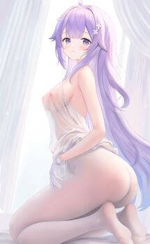 1girl absurdres ahoge ass azur_lane bare_shoulders breasts commentary_request curtains dress gloves highres kneeling long_hair medium_breasts nipples pantyhose purple_eyes purple_hair see-through_clothes see-through_dress solo unicorn_(azur_lane) very_long_hair white_dress white_gloves white_pantyhose zhuan_yan_ruyan