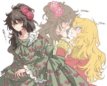 1boy 1girl andre_grandier blonde_hair blue_eyes blush brown_eyes brown_hair commentary_request crossdressing dress epaulettes eye_contact face-to-face floral_print flower frilled_dress frilled_sleeves frills green_dress green_ribbon hair_between_eyes hair_flower hair_ornament hand_on_another&#039;s_face height highres jacket juliet_sleeves long_hair long_sleeves looking_at_another looking_at_viewer meremero multiple_views open_mouth oscar_francois_de_jarjayes ponytail puffy_sleeves red_jacket ribbon simple_background standing sweatdrop translation_request versailles_no_bara white_background