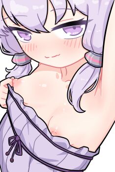 1girl arm_up armpits bare_shoulders blush breasts closed_mouth clothes_pull collarbone dress dress_pull flashing hair_between_eyes half-closed_eyes loli looking_at_viewer nipples no_bra pulling_own_clothes purple_dress purple_eyes purple_hair scarfy_(scarfy_chang) selfie short_hair_with_long_locks sidelocks simple_background small_breasts smile smug solo strapless strapless_dress upper_body voiceroid white_background yuzuki_yukari