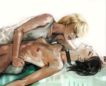 2girls asymmetrical_bangs bdsm black_hair blonde_hair blue_eyes breasts chain clothed_female_nude_female collar commentary commentary_request domination english_commentary femdom freckles from_side hacelee half-closed_eyes hand_on_another's_waist holding holding_chain joyne_hacelee korean_commentary krista_lenz leash looking_at_another multiple_girls navel nipples nude open_mouth pants partial_commentary pointy_nose profile pulling ribs shingeki_no_kyojin short_hair simple_background slave small_breasts smile swept_bangs tank_top white_background white_pants white_tank_top ymir_(shingeki_no_kyojin) yuri