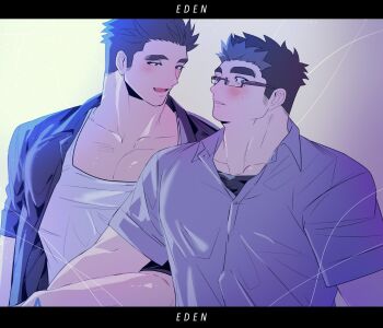 2boys adam&#039;s_apple bara blush doku_(hitori_ox) eye_contact facial_hair glasses highres large_pectorals looking_at_another male_focus medium_sideburns motoori_shiro multiple_boys muscular muscular_male pectoral_cleavage pectorals protagonist_3_(housamo) pulling_arm rimless_eyewear seductive_smile short_hair sideburns sideburns_stubble smile stubble thick_eyebrows tokyo_houkago_summoners upper_body wide-eyed yaoi