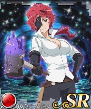 1girl breasts cleavage dungeon_ni_deai_wo_motomeru_no_wa_machigatteiru_darou_ka eyepatch hephaistos_(danmachi) large_breasts official_art red_hair smile source_request