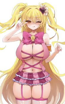 1girl :q absurdres adapted_costume armpit_crease bare_shoulders blonde_hair bow bowtie breasts cleavage commentary don_quixote_(project_moon) e.g.o_(project_moon) eyelashes frilled_skirt frills furrowed_brow garter_straps highres in_the_name_of_love_and_hate_(e.g.o) large_breasts limbus_company lobotomy_corporation_(identity)_(project_moon) long_hair looking_at_viewer magical_girl nail_polish navel one_eye_closed orange_eyes pink_bow pink_bowtie pink_nails pink_skirt project_moon saeda8e simple_background skindentation skirt solo standing star_(symbol) symbol-only_commentary thigh_gap thighs tongue tongue_out two_side_up v v_over_eye very_long_hair white_background