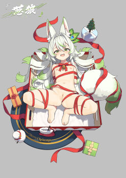 1girl absurdres animal_ear_fluff animal_ears arms_behind_back barefoot bdsm bell blush bondage bound box cat-quest-sun chinese_commentary christmas christmas_present cleft_of_venus commentary_request completely_nude flat_chest frogtie gift gift_box green_eyes green_hair grey_hair highres in_box in_container long_hair lying merry_christmas multicolored_hair navel neck_bell negiwolf nipples nude on_back open_mouth original pussy red_ribbon ribbon ribbon_bondage solo spread_legs streaked_hair tail teeth toes two-tone_hair uncensored upper_teeth_only variant_set wolf_ears wolf_girl wolf_tail