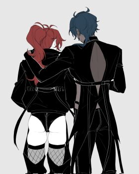 2boys ass blue_hair commentary dark-skinned_male dark_skin diluc_(genshin_impact) earrings from_behind genshin_impact grey_background hand_on_another&#039;s_shoulder hashtag-only_commentary high_ponytail highres jacket jewelry kaeya_(genshin_impact) long_hair male_focus multiple_boys ponytail red_hair revealing_clothes short_hair simple_background skindentation thighhighs thighs zehuij zipper