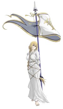 1girl absurdres barefoot blonde_hair blue_eyes bound bound_arms braid braided_ponytail breasts dress fate/grand_order fate_(series) flag full_body hao718 highres jeanne_d'arc_(fate) large_breasts light_smile long_hair planted planted_polearm pole polearm rope solo spear standing very_long_hair weapon white_background white_dress