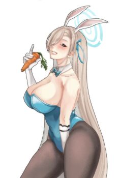 Rule 34 | 1girl, animal ear hairband, animal ears, asuna (blue archive), asuna (bunny) (blue archive), bare shoulders, black pantyhose, blonde hair, blue archive, blue bow, blue bowtie, blue eyes, blue halo, blue leotard, blush, bow, bowtie, breasts, carrot, cleavage, collarbone, commentary request, covered navel, detached collar, fake animal ears, gloves, grin, hair over one eye, hair ribbon, hairband, halo, highleg, highleg leotard, highres, holding, holding carrot, large breasts, leotard, long hair, looking at viewer, pantyhose, playboy bunny, rabbit ear hairband, rabbit ears, ribbon, smile, solo, strapless, strapless leotard, user zdaj3378, very long hair, white gloves