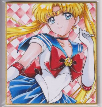 1girl arms_up bishoujo_senshi_sailor_moon blonde_hair blue_eyes blue_sailor_collar bow brooch chikoto_(kztc4472) choker commentary double_bun earrings elbow_gloves gloves hair_bun hair_ornament highres jewelry lips long_hair magical_girl photo_(medium) red_bow red_choker sailor_collar sailor_moon sailor_senshi_uniform smile solo traditional_media tsukino_usagi twintails white_gloves