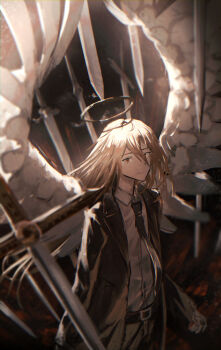 1boy absurdres angel_devil_(chainsaw_man) angel_wings belt black_belt black_halo black_jacket black_necktie brown_eyes brown_hair chainsaw_man closed_mouth cokei collared_shirt hair_between_eyes halo highres jacket long_hair long_hair_between_eyes looking_at_viewer male_focus necktie shirt solo suit_jacket sword weapon white_shirt wings
