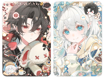 1boy 1girl ? black_hair black_shirt blue_eyes closed_mouth double-parted_bangs hair_between_eyes hand_up long_hair long_sleeves looking_at_viewer mihuashi_username original portrait red_eyes shirt short_hair smile spoken_question_mark stuffed_animal stuffed_rabbit stuffed_toy watermark white_hair white_shirt xun_xun_xiaolongbao