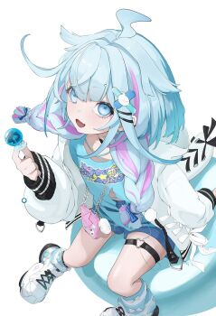 1girl ahoge blue_eyes blue_hair blue_shirt blue_shorts braid candy edge_ill food full_body hair_ornament hairclip heart heart_o-ring highres holding holding_candy holding_food holding_lollipop hololive hololive_dev_is jacket lightning_ahoge lollipop long_hair long_sleeves looking_at_viewer mizumiya_su mizumiya_su_(1st_costume) multicolored_hair o-ring o-ring_thigh_strap open_clothes open_jacket open_mouth parallel_hairclips pink_streaks shirt shoes shorts simple_background sitting smile solo streaked_hair thigh_strap twin_braids virtual_youtuber white_background white_jacket white_shoes