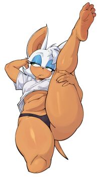 1girl absurdres animal_ears animal_nose arm_behind_head bat_ears bat_girl black_panties blue_eyeshadow breasts chani_chantiyii commentary cowboy_shot english_commentary eyeshadow fang feet furry furry_female green_eyes half-closed_eyes hand_on_own_leg highres leg_lift leg_up looking_to_the_side makeup midriff no_pants panties rouge_the_bat shiny_skin shirt short_hair short_sleeves simple_background soles solo sonic_(series) standing standing_on_one_leg tail thick_thighs thighs toes underwear white_background white_fur white_hair white_shirt wings