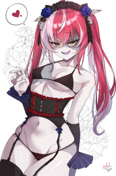 1girl :d absurdres black_bra black_corset black_headdress black_panties black_thighhighs bra breasts colored_skin colored_tongue commentary_request corset detached_sleeves diamond-shaped_pupils diamond_(shape) floral_background garter_belt gradient_eyes green_eyes grey_hair grey_skin halterneck hand_up heart heterochromia highres hololive hololive_indonesia kureiji_ollie long_hair looking_at_viewer mismatched_pupils multicolored_eyes multicolored_skin navel official_alternate_hairstyle open_mouth panties patchwork_skin purple_tongue red_eyes red_hair sidelocks small_breasts smile solo spoken_heart stitched_face stitched_torso stitches stomach symbol-shaped_pupils teeth thighhighs todalbok106 twintails two-tone_skin underwear underwear_only upper_teeth_only virtual_youtuber white_background white_skin x-shaped_pupils yellow_eyes zombie