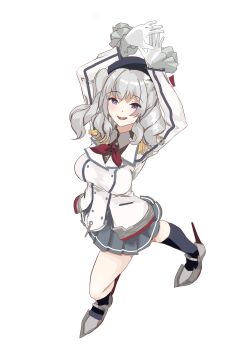 Rule 34 | 1girl, absurdres, arms up, beret, black socks, blue eyes, breasts, epaulettes, frilled sleeves, frills, gloves, grey hair, grey skirt, hat, highres, jacket, kantai collection, kashima (kancolle), large breasts, long hair, long sleeves, looking at viewer, military jacket, military uniform, miniskirt, neckerchief, open mouth, pleated skirt, red neckerchief, sidelocks, skirt, socks, solo, tsurime, twintails, wavy hair, white gloves, yamada mod