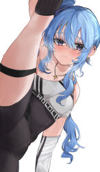 Rule 34 | 1girl, appleseed (appleseed art), armpits, bare shoulders, blue eyes, blue hair, blush, breasts, closed mouth, covered navel, hair between eyes, highres, hololive, hololive dance practice uniform, hoshimachi suisei, leg up, long hair, looking at viewer, small breasts, solo, star (symbol), star in eye, symbol in eye, virtual youtuber