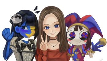 3girls black_eyes black_hair blue_skin blunt_bangs blunt_ends brown_hair character_hair_ornament choker colored_skin commentary ena_(ena) ena_(series) ena_(species) ena_(web_series) english_commentary floating_head full_moon_hair_ornament hair_ornament hat highres lizzie_freeman long_hair moon_(ornament) moony_(ena) multicolored_eyes multicolored_skin multiple_girls open_mouth pomni_(the_amazing_digital_circus) sad_ena shirt short_sleeves simple_background smile split-color_skin the_amazing_digital_circus two-tone_skin usagimarumei voice_actor_connection yellow_skin