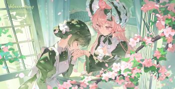 1girl apron aristocratic_clothes back_bow black_dress black_hair blush bonnet bow breasts cherry_blossoms cleavage_cutout closed_eyes clothing_cutout cursive dress english_text falling_petals flower frilled_hairband frilled_sleeves frills hair_bun hair_flaps hair_flower hair_ornament hairband highres juliet_sleeves kiss kissing_hand long_hair long_sleeves looking_at_another maid maid_apron medium_breasts misa_(misonyeo_s2) open_window original petals pink_eyes pink_hair puffy_sleeves white_apron wide_sleeves window yuri
