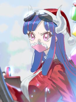 1girl blue_hair breasts christmas commentary eyewear_on_head from_side fur-trimmed_headwear fur_trim hat horns jacket large_breasts long_hair mask mouth_mask one_piece open_clothes open_jacket pink_eyes pom_pom_(clothes) raine_(acke2445) red_hat red_jacket ribbed_sweater santa_hat sidelocks solo sunglasses sweater symbol-only_commentary turtleneck turtleneck_sweater ulti_(one_piece) upper_body white_sweater